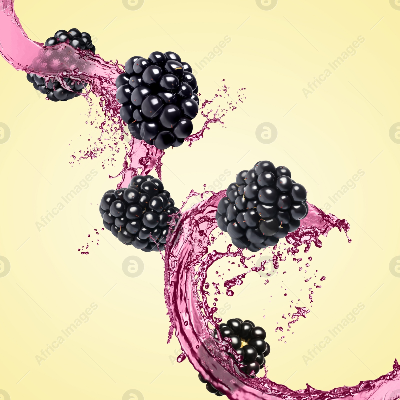 Image of Fresh blackberries and juice in air on pastel yellow background