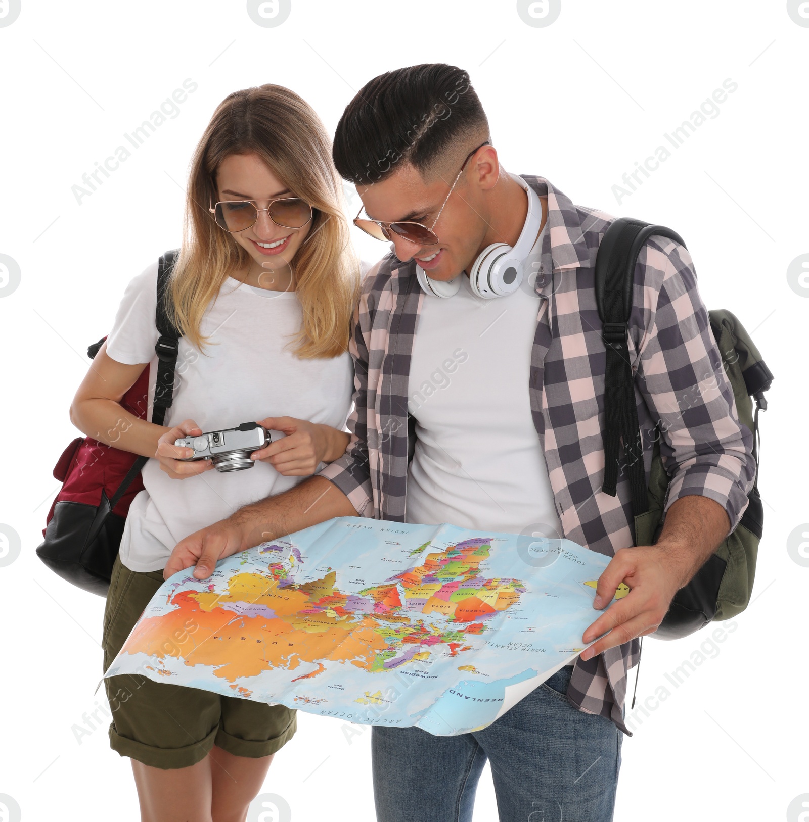 Photo of Couple with map on white background. Summer travel