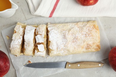 Photo of Delicious strudel, knife and fresh apples on light grey table, flat lay