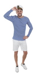Photo of Happy sailor wearing cap on white background