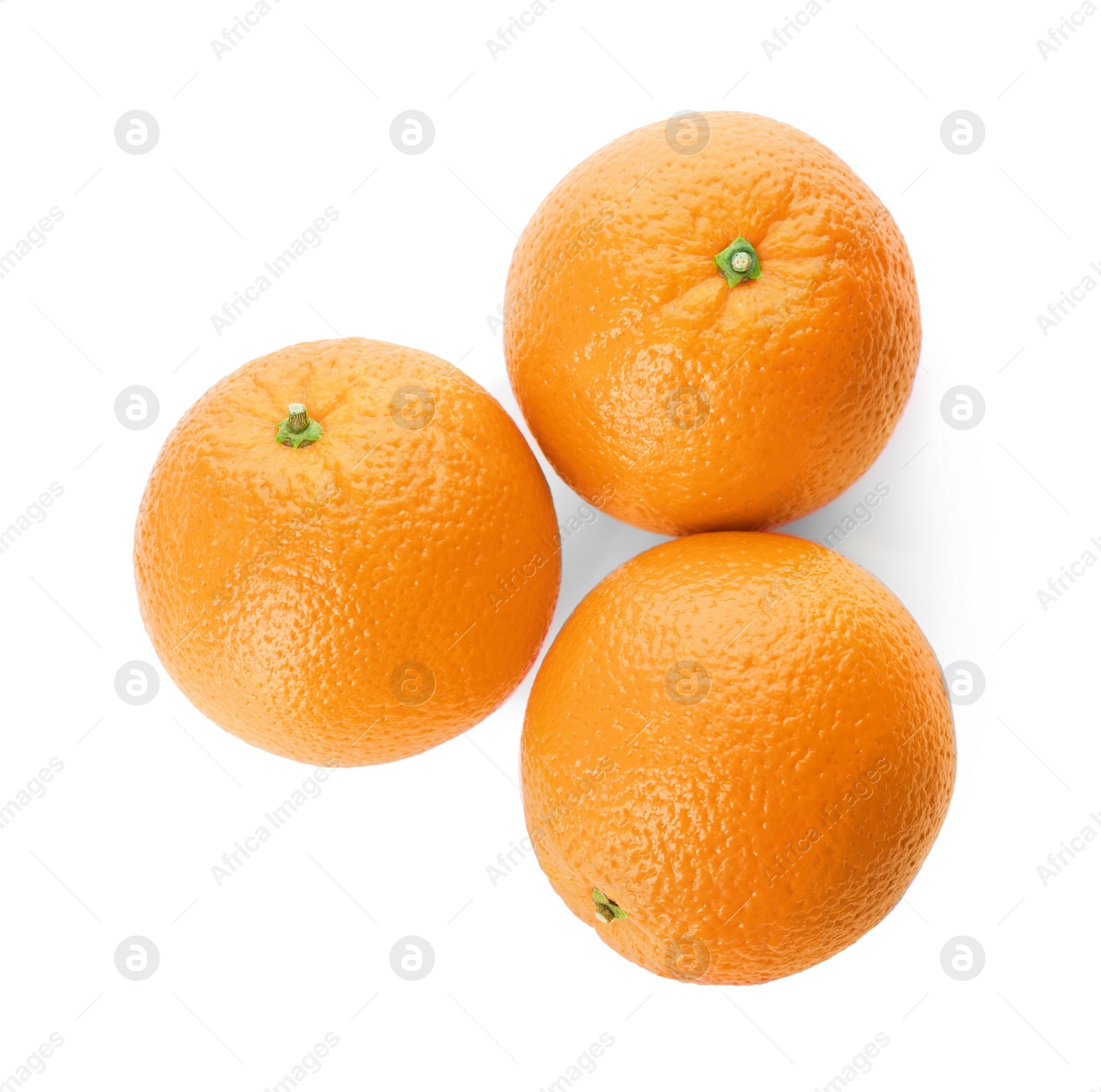 Photo of Delicious fresh ripe oranges on white background, top view