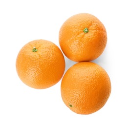 Delicious fresh ripe oranges on white background, top view