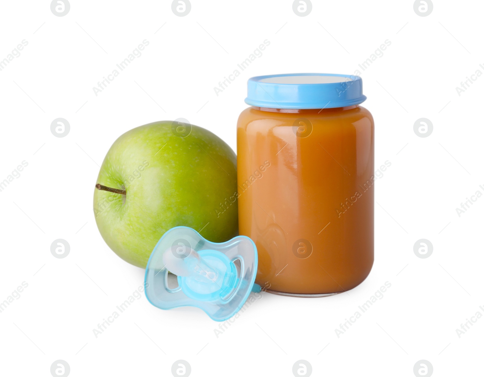 Photo of Healthy baby food, apple and pacifier on light grey background