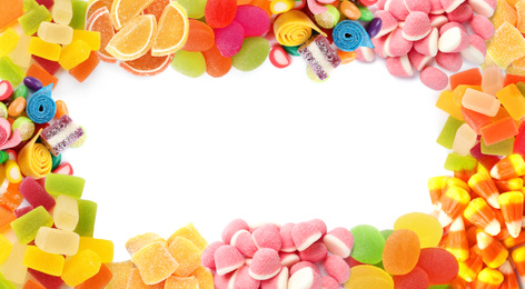 Image of Frame made of different jelly candies on white background