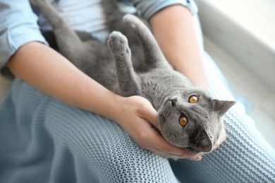 Man with cute cat indoors, closeup view