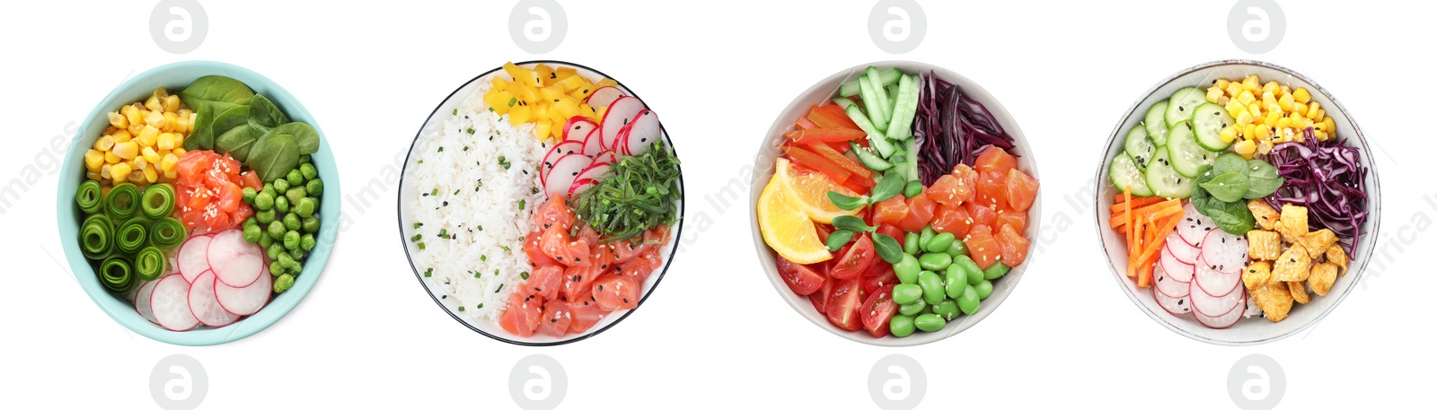 Image of Set of different poke bowls isolated on white, top view