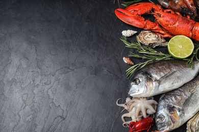 Fresh fish and different seafood on black table, flat lay. Space for text