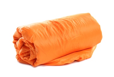 Photo of Rolled sleeping bag on white background. Camping equipment