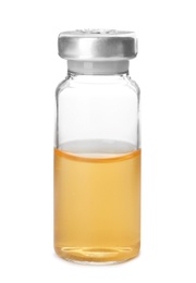 Photo of Medical vial with solution for injection on white background