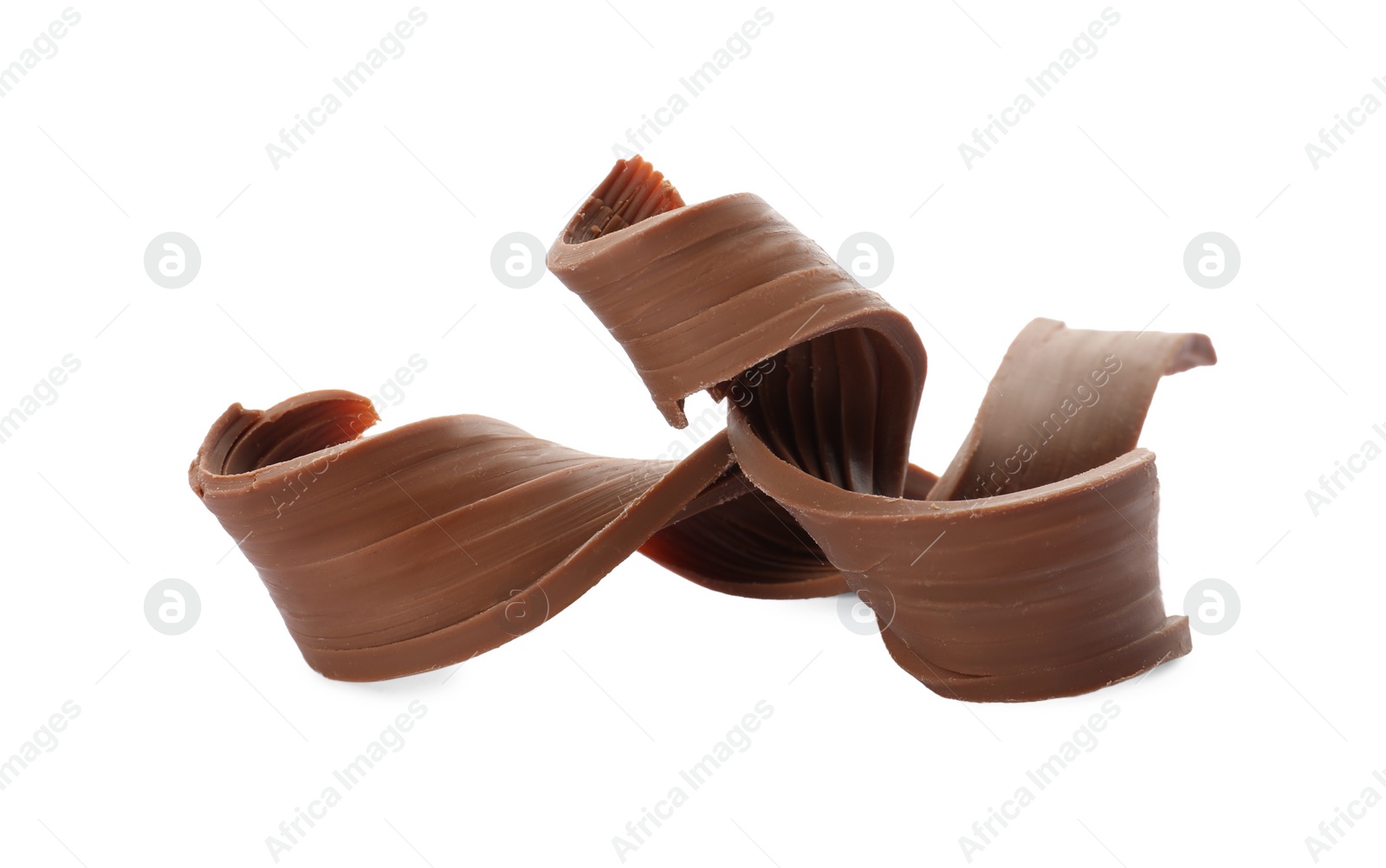 Photo of Yummy chocolate curls for decor on white background