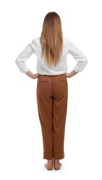 Photo of Businesswoman standing on white background, back view