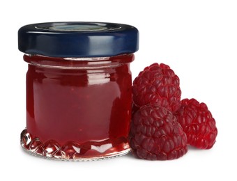Photo of Jar of sweet raspberry jam on white background