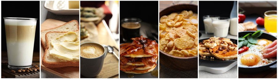 Image of Assortment of tasty breakfasts. Collage with different meals and drinks