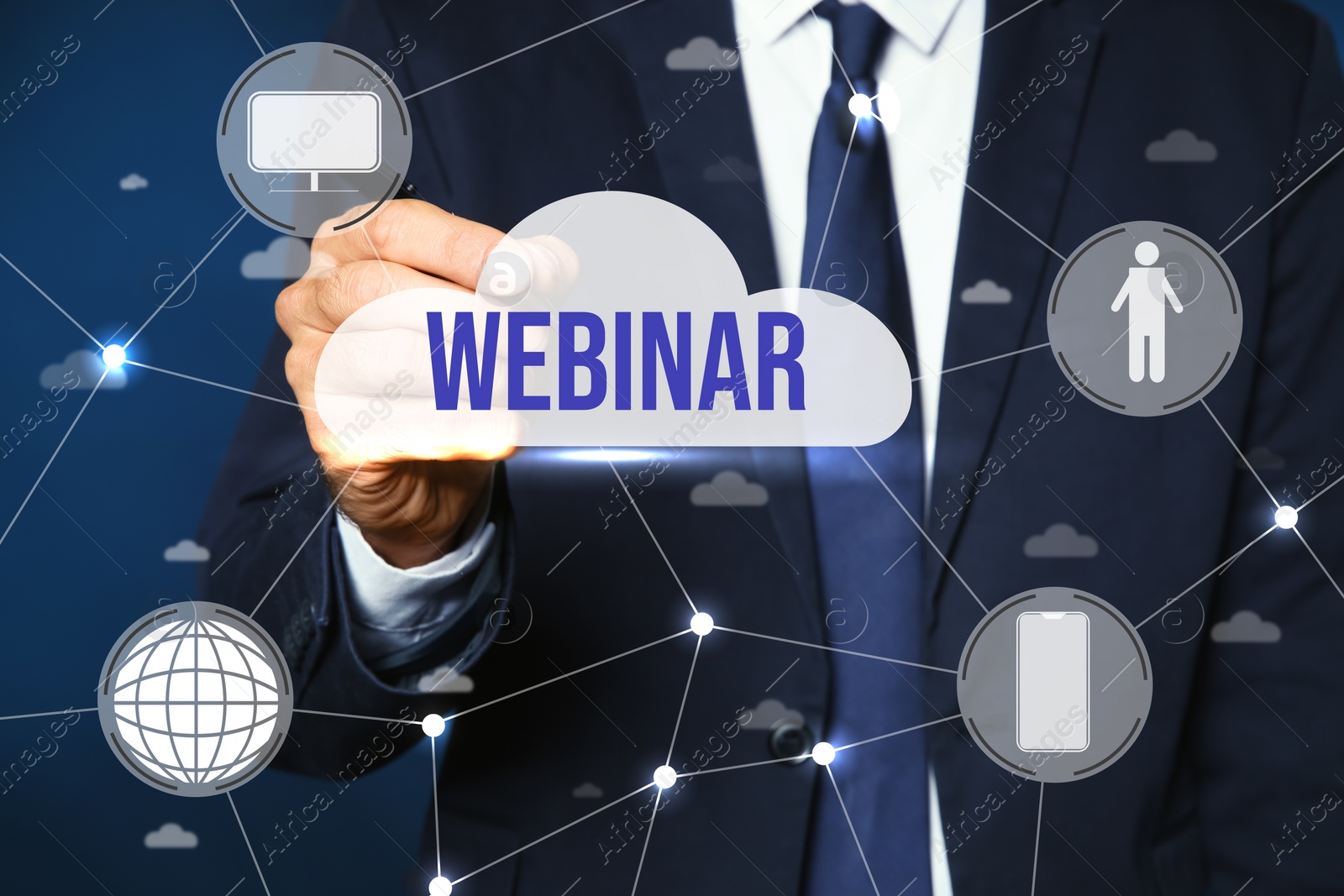 Image of Webinar concept. Closeup view of man near virtual screen with different icons on blue background