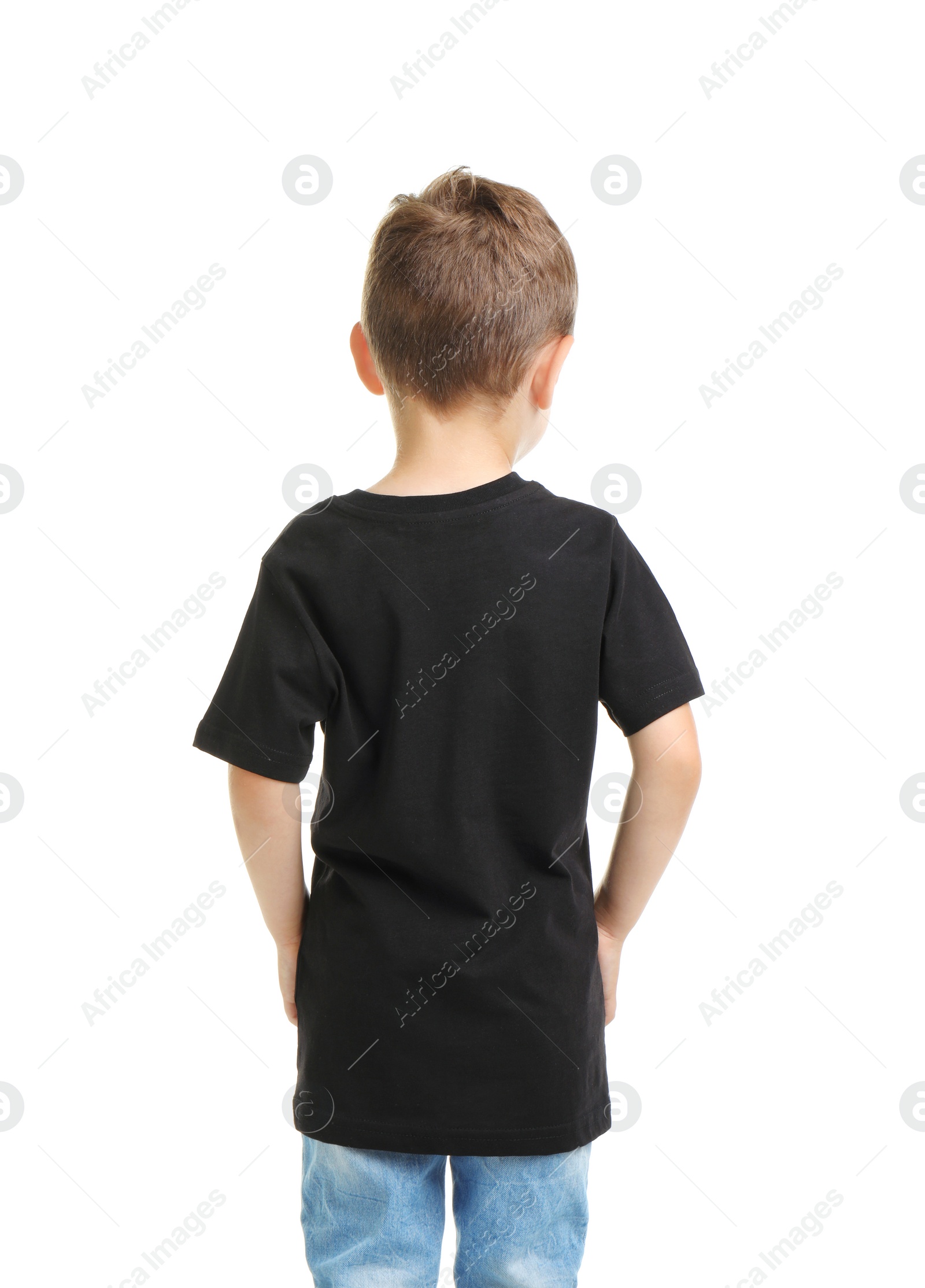 Photo of Little boy in t-shirt on white background. Mockup for design