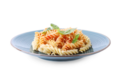 Photo of Delicious fusilli pasta with tomato sauce isolated on white