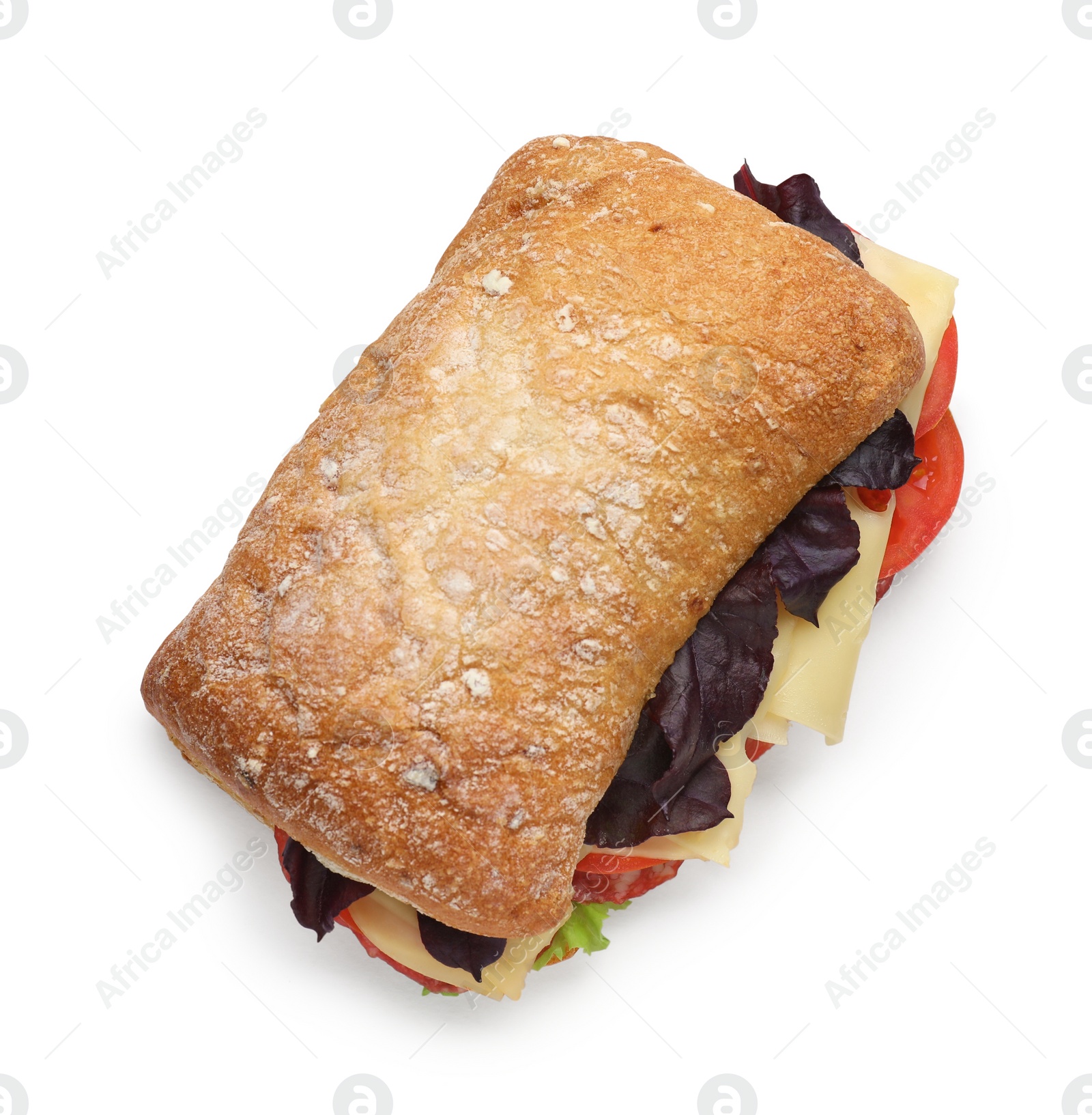 Photo of Delicious sandwich with cheese, salami, tomato isolated on white, top view