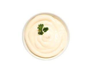 Photo of Bowl of tasty mayonnaise with parsley isolated on white, top view