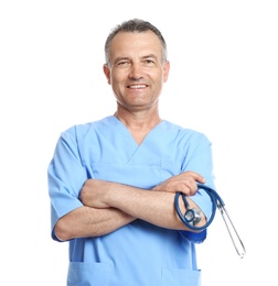 Photo of Portrait of experienced doctor in uniform on white background. Medical service