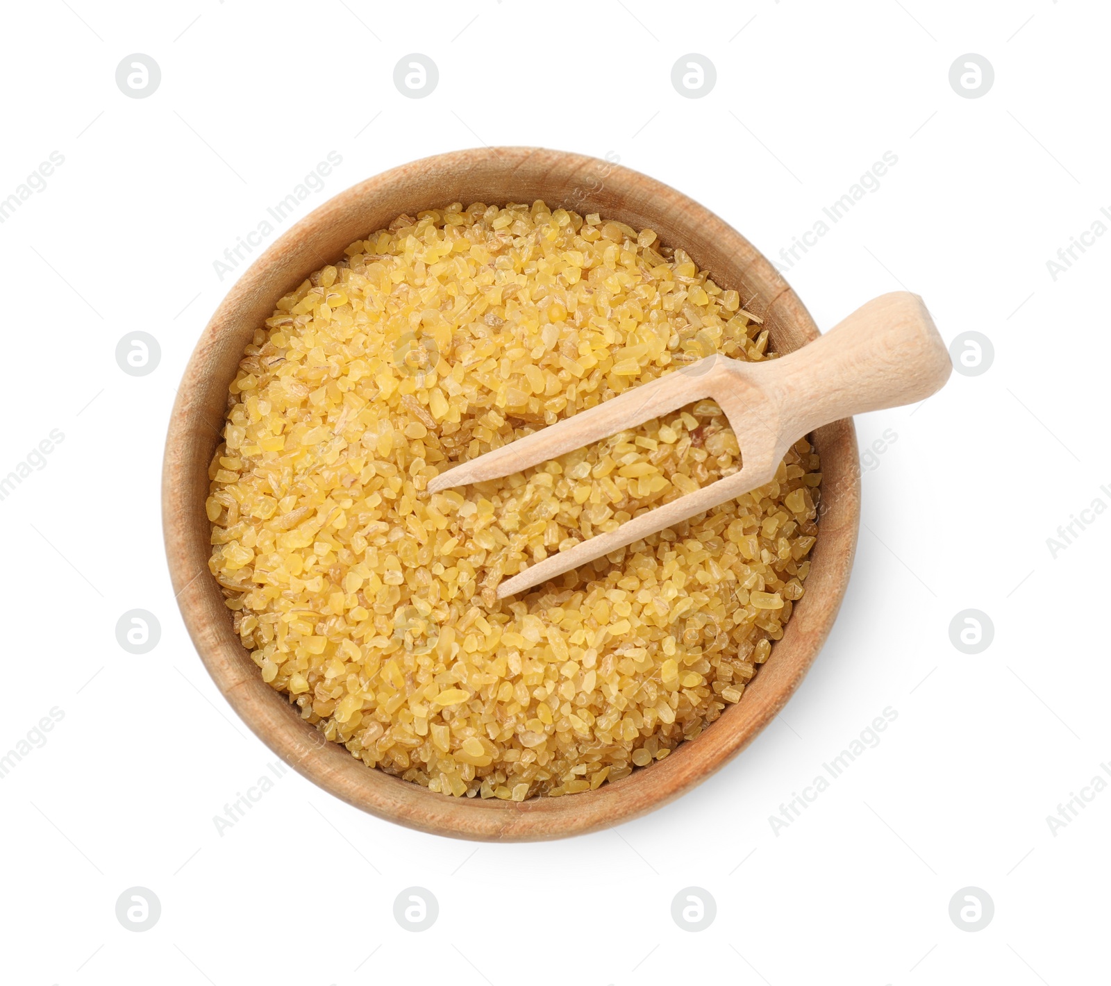 Photo of Bowl and scoop with raw bulgur isolated on white, top view