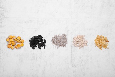 Many different vegetable seeds on light grey table, flat lay