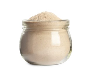 Photo of Glass jar of buckwheat flour isolated on white