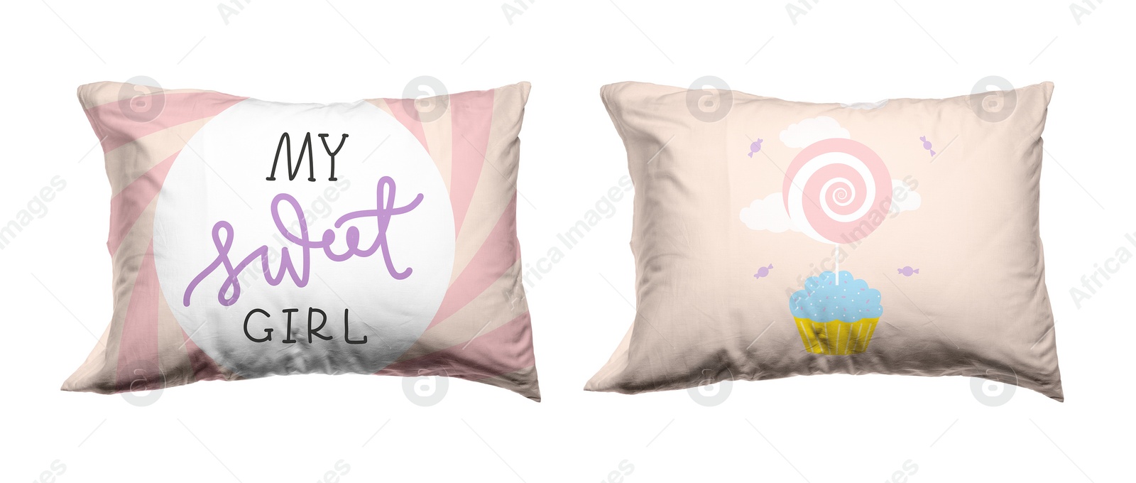 Image of Soft pillows with cute prints isolated on white