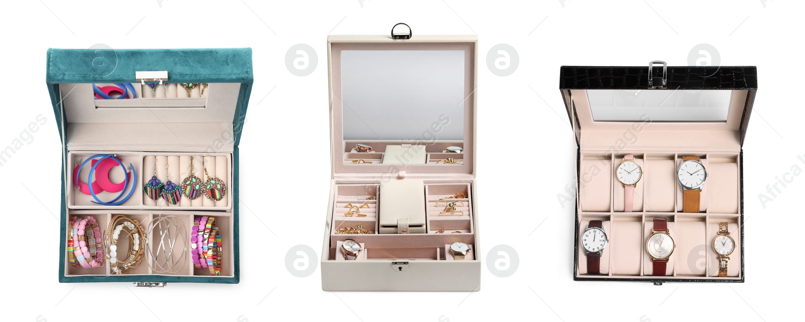 Image of Set with different jewelry boxes isolated on white, top view