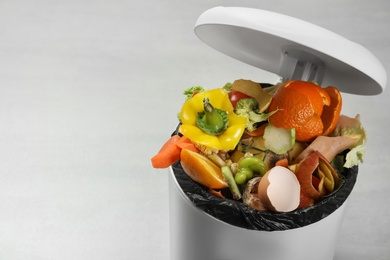 Photo of Natural garbage in trash bin on light background, closeup with space for text. Composting of organic waste