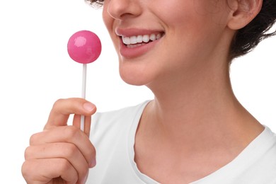 Woman with lollipop on white background, closeup