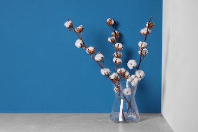 Photo of Cotton branches with fluffy flowers in vase on grey table indoors. Space for text