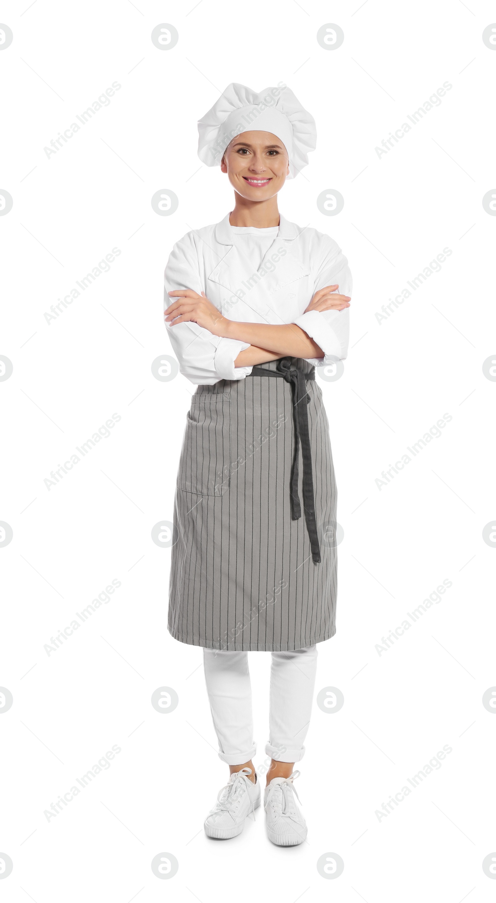 Photo of Female chef in apron on white background