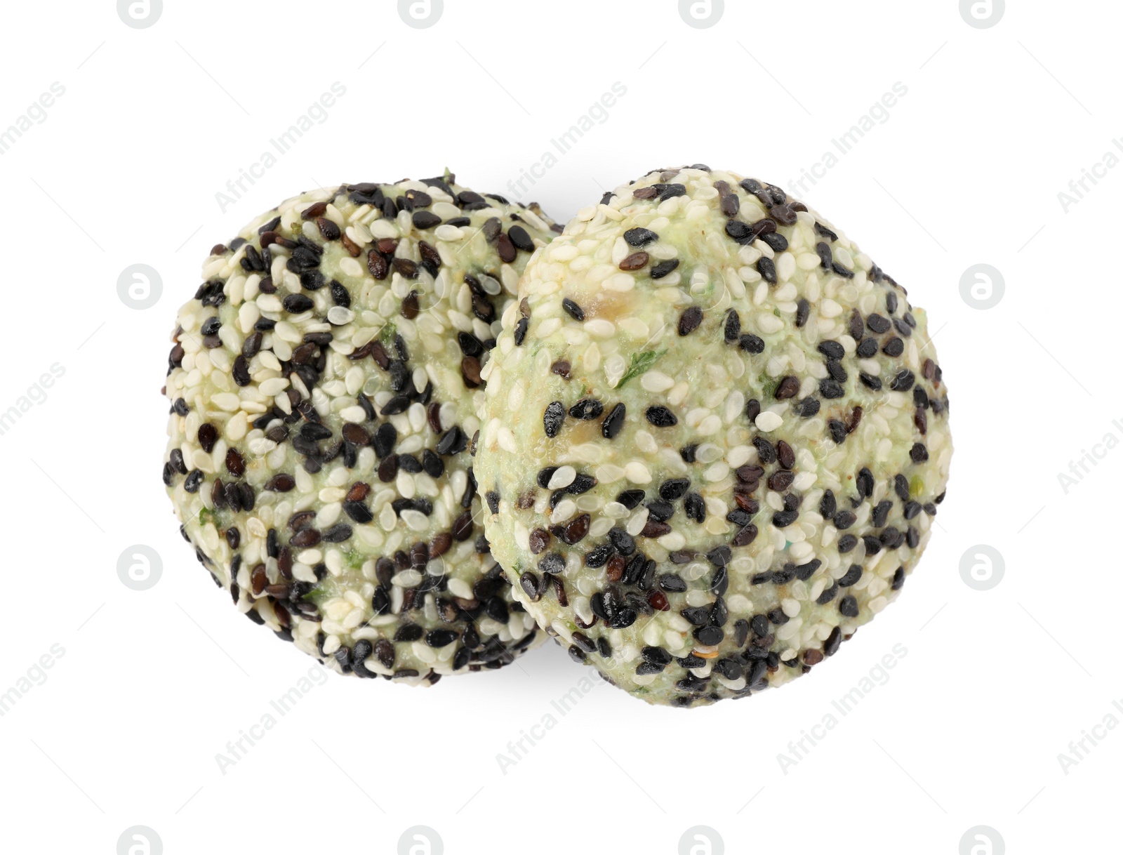 Photo of Vegan cutlets with sesame seeds isolated on white, top view