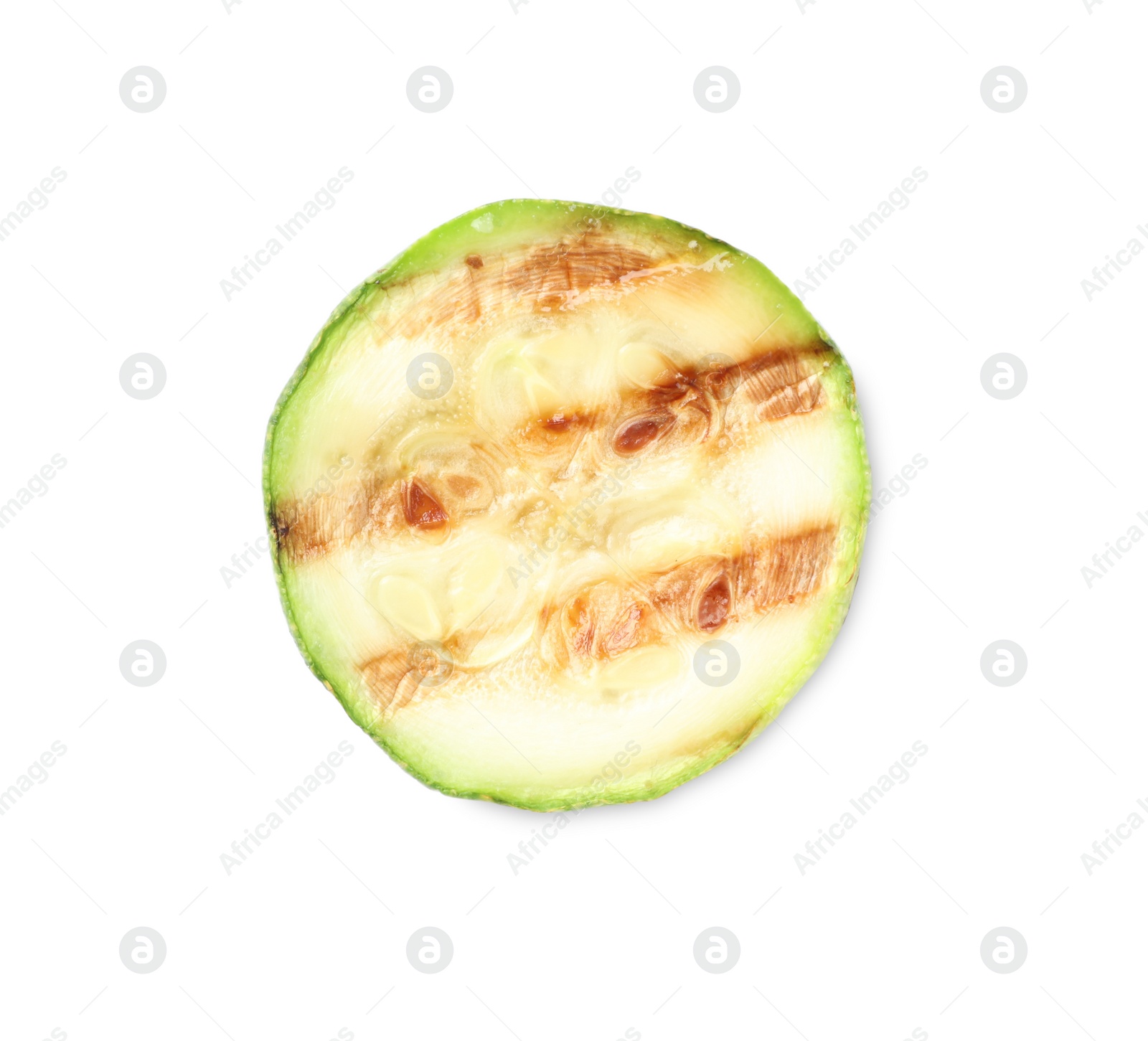 Photo of Delicious grilled zucchini slice isolated on white, top view