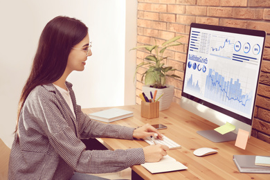 Image of Woman using computer in office. Fintech concept