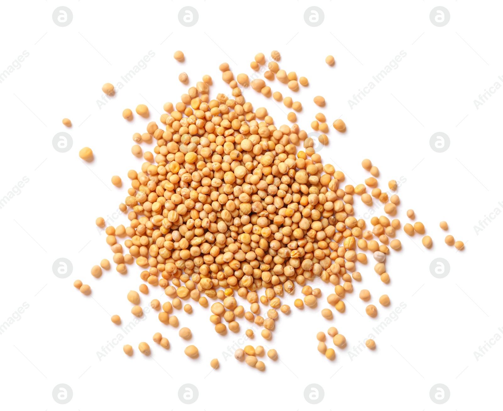 Photo of Mustard seeds on white background, top view