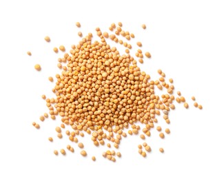 Photo of Mustard seeds on white background, top view