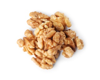 Photo of Heap of tasty walnuts on white background, top view