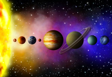 Illustration of Many different planets and stars in open space, illustration