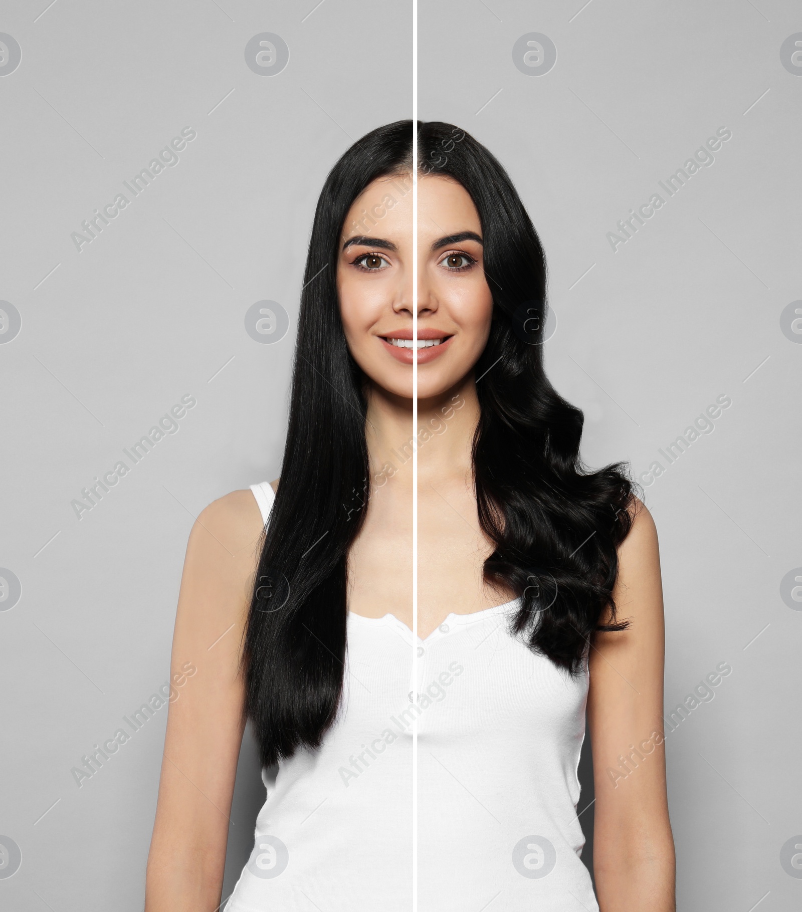 Image of Collage with photos of woman with straight and curly hair on light grey background