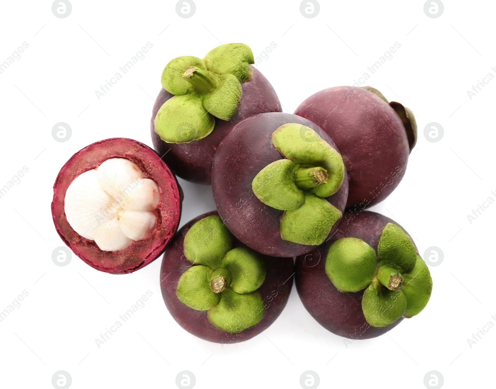 Photo of Fresh mangosteen fruits on white background, top view