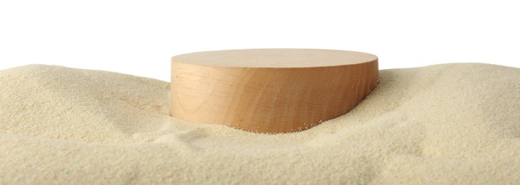 Photo of Presentation of product. Wooden podium on sand against white background. Space for text