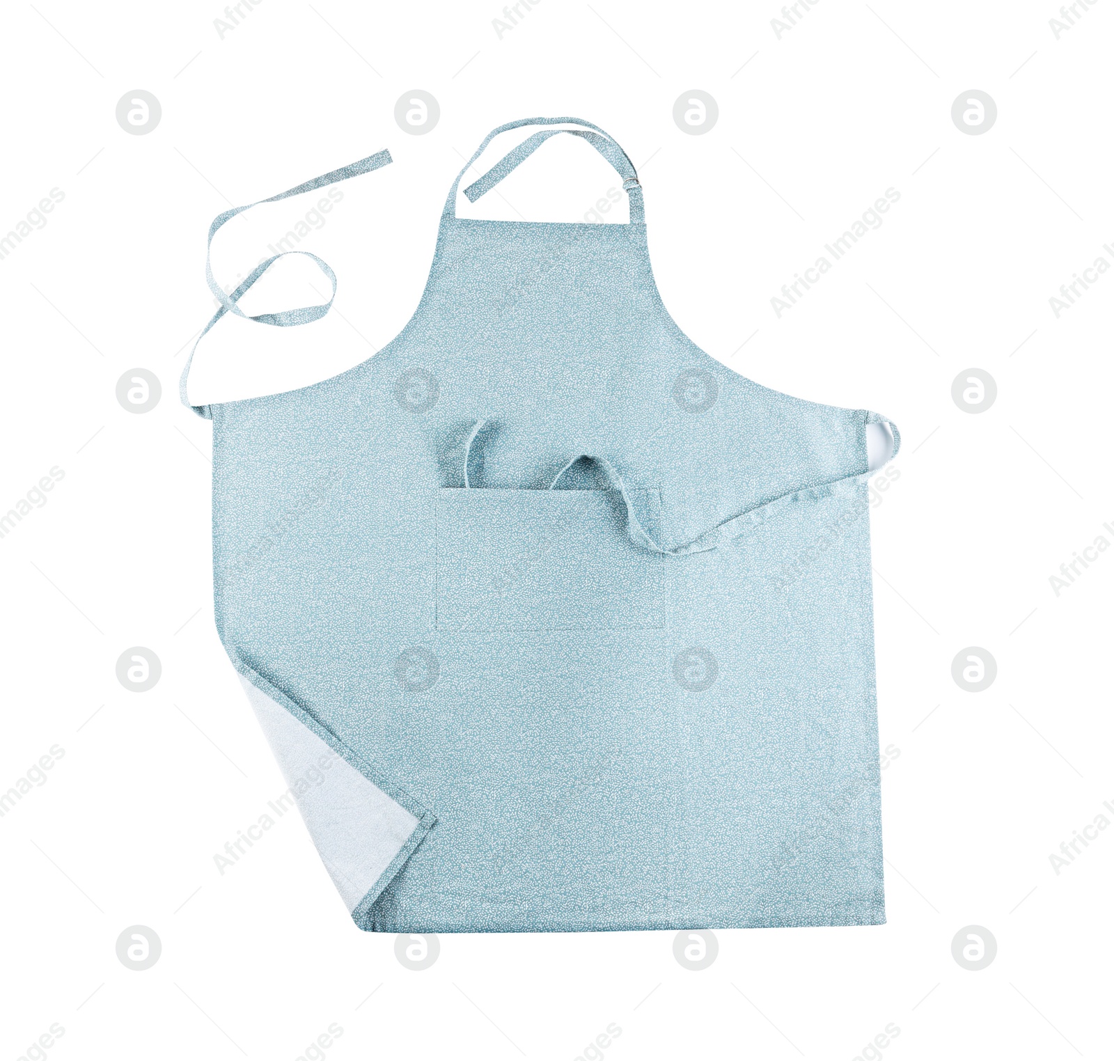 Photo of Light blue apron with pattern isolated on white, top view