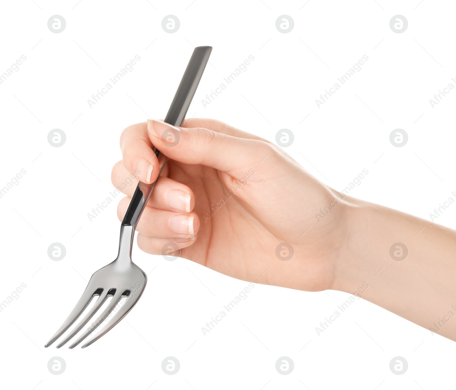 Photo of Woman holding clean fork on white background, closeup