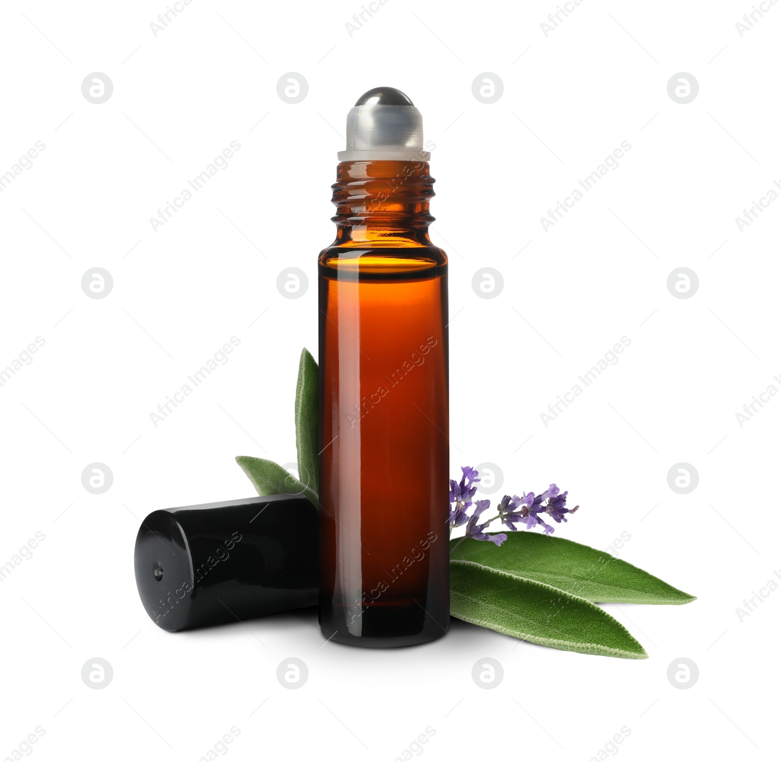 Image of Bottle of lavender sage essential oil, green leaves and flowers on white background