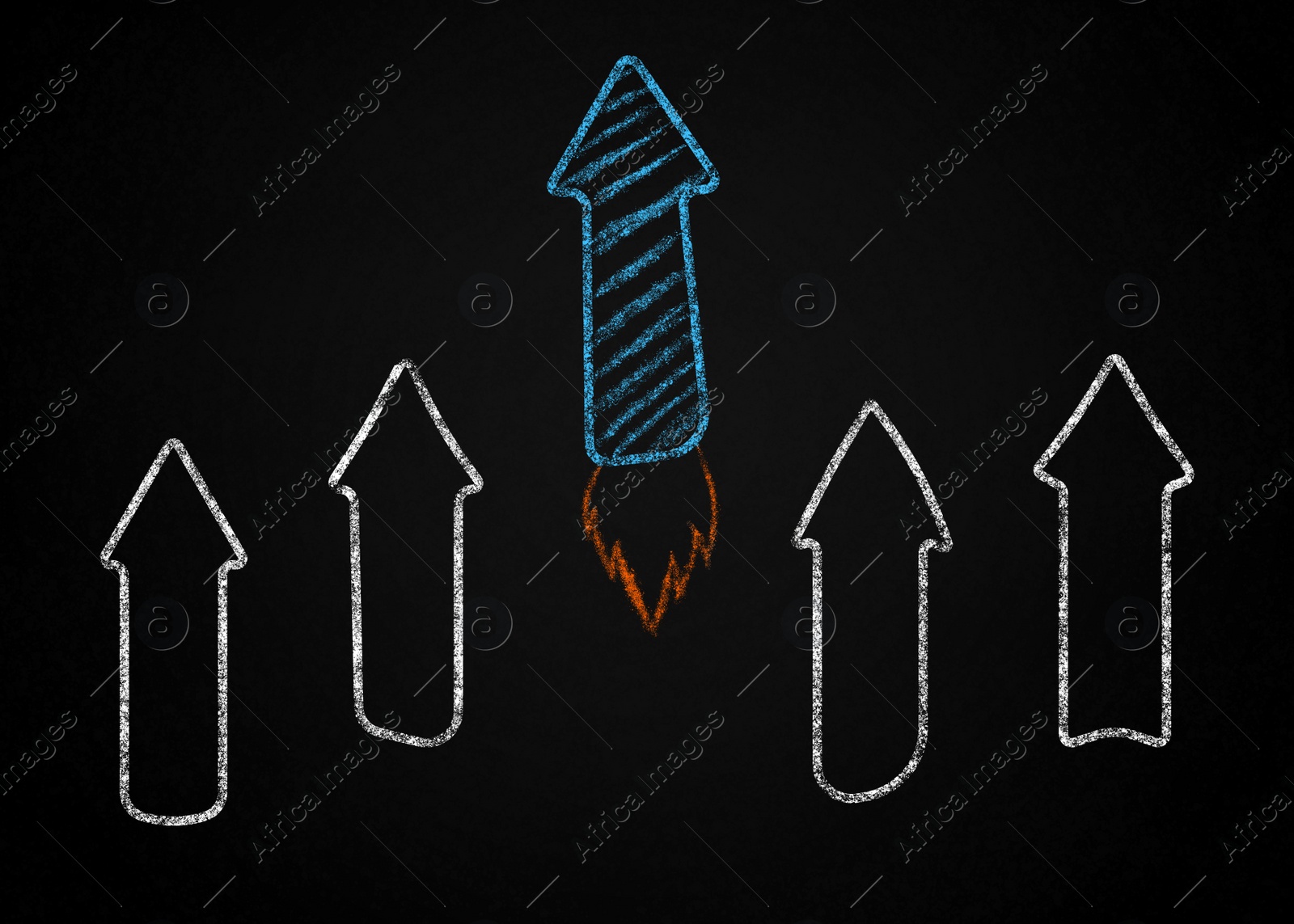 Illustration of Competition concept. Arrow rocket with flaming outpacing others on black background. Illustration