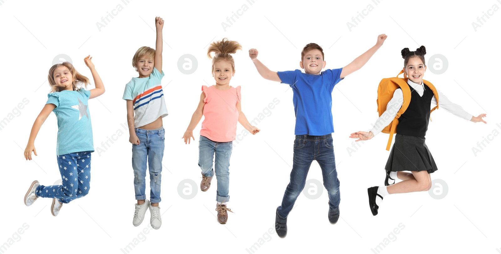 Image of Cute little children jumping on white background, collage. Banner design