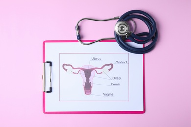 Picture of female reproductive system with stethoscope on color background, flat lay. Gynecological care