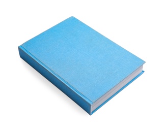 Photo of Book with blank light blue cover on white background