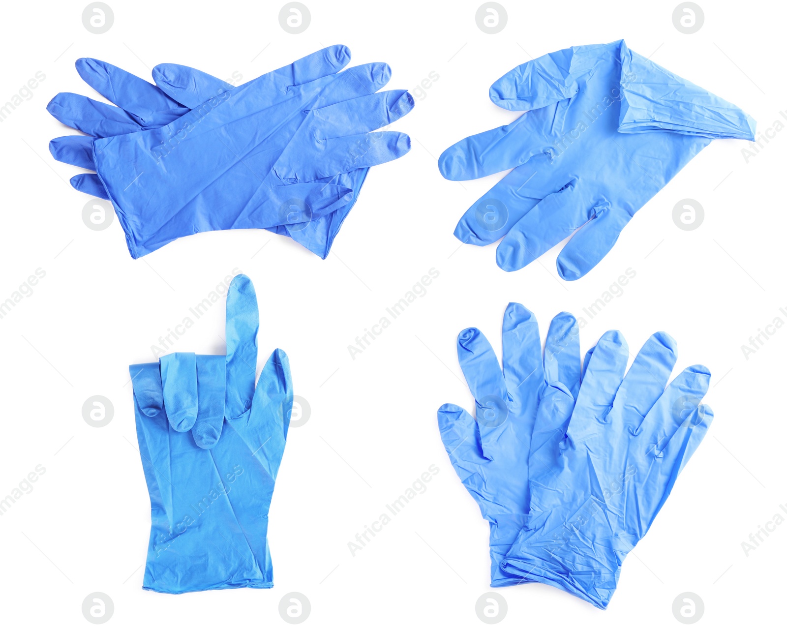 Image of Set of medical gloves on white background, top view